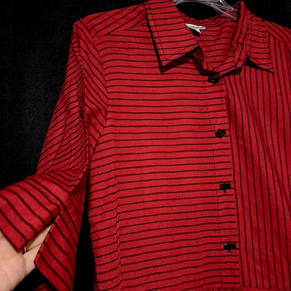 Never Forty Two - Red and Black Striped Collared Button Down - Picture 5 of 12